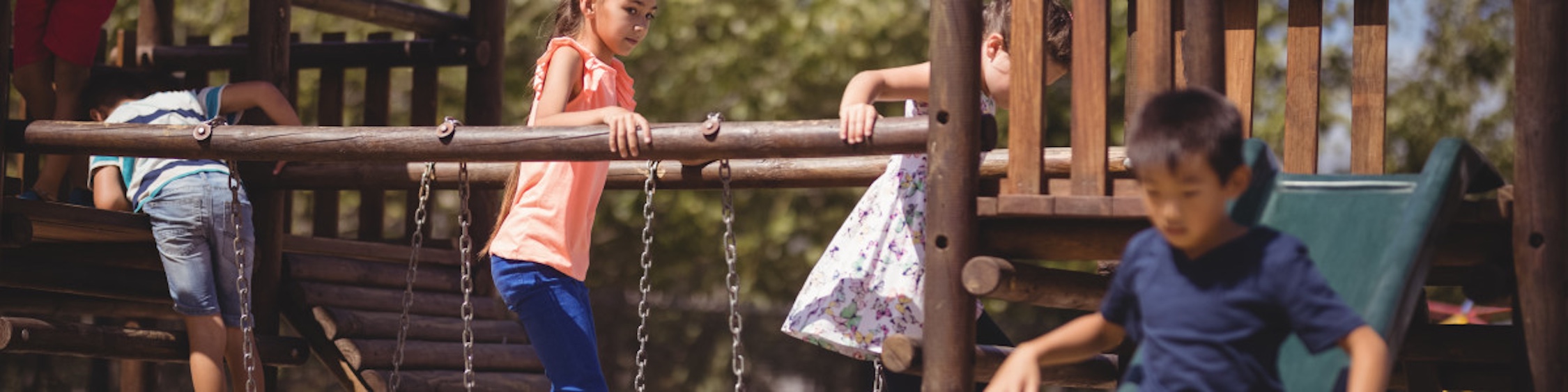 Children on playground bridge.